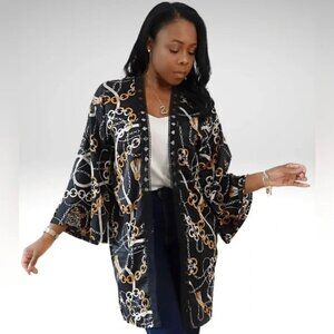 NWT Justin and Taylor Chic Black and Gold Kimono, cover up, light airy cardigan